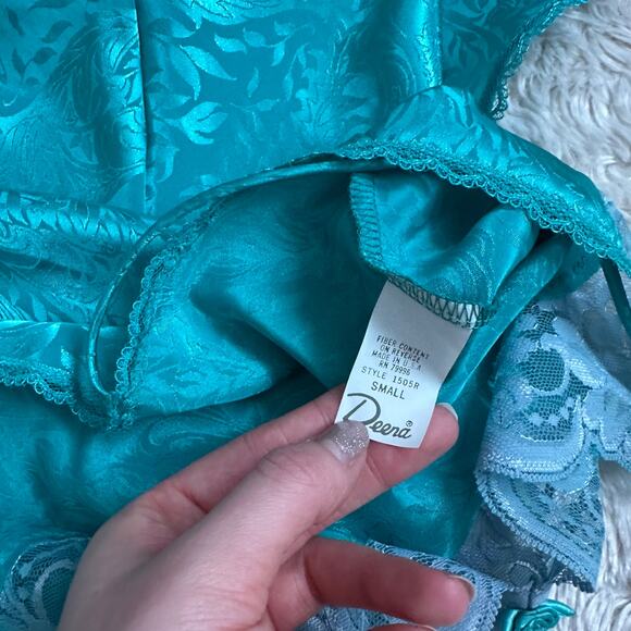 Vintage 90s Small Deena Blue Green Teal Satin Slip Dress floral lace trim - Picture 6 of 7
